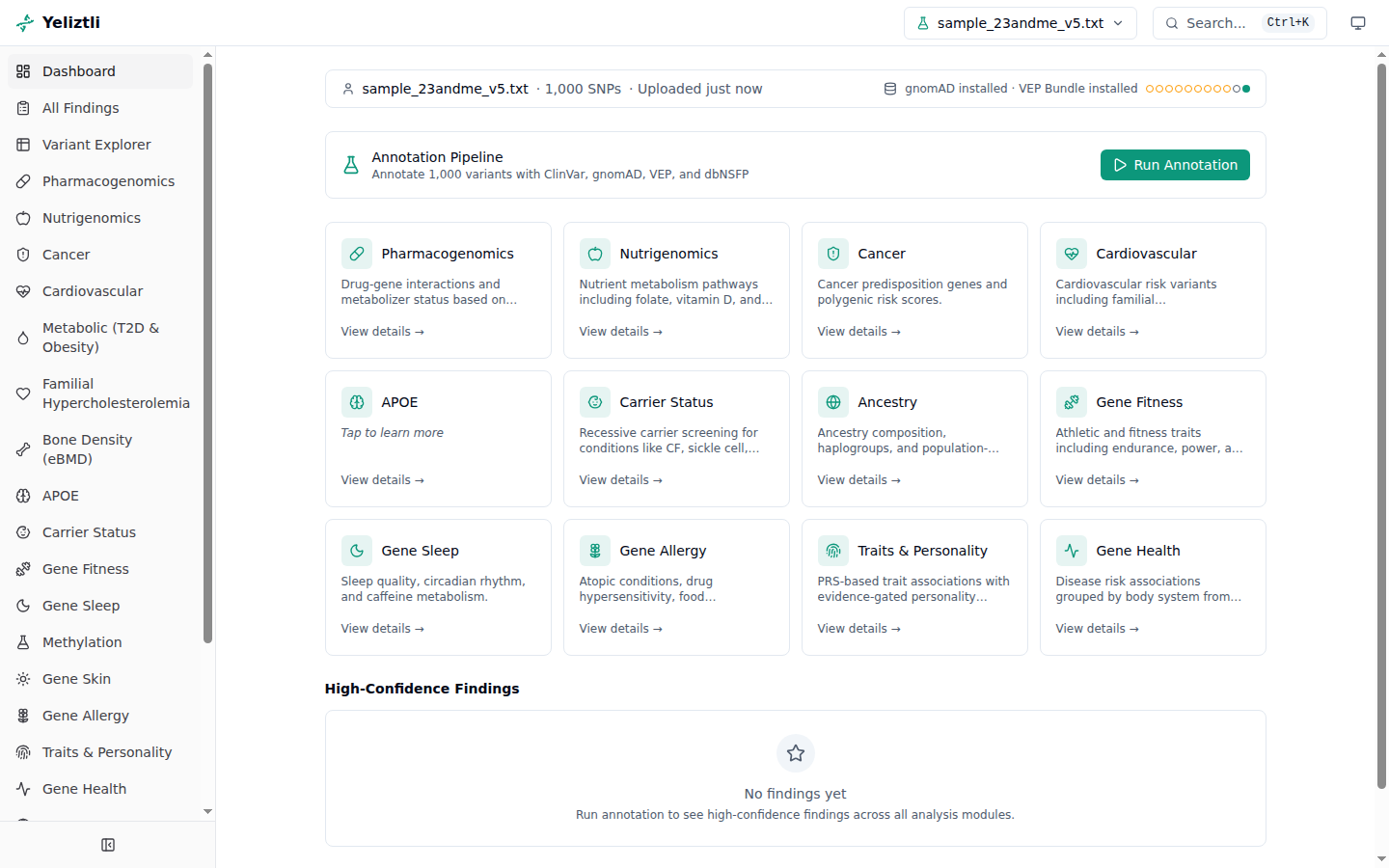 The Yeliztli dashboard, showing the analysis-module overview for a loaded sample